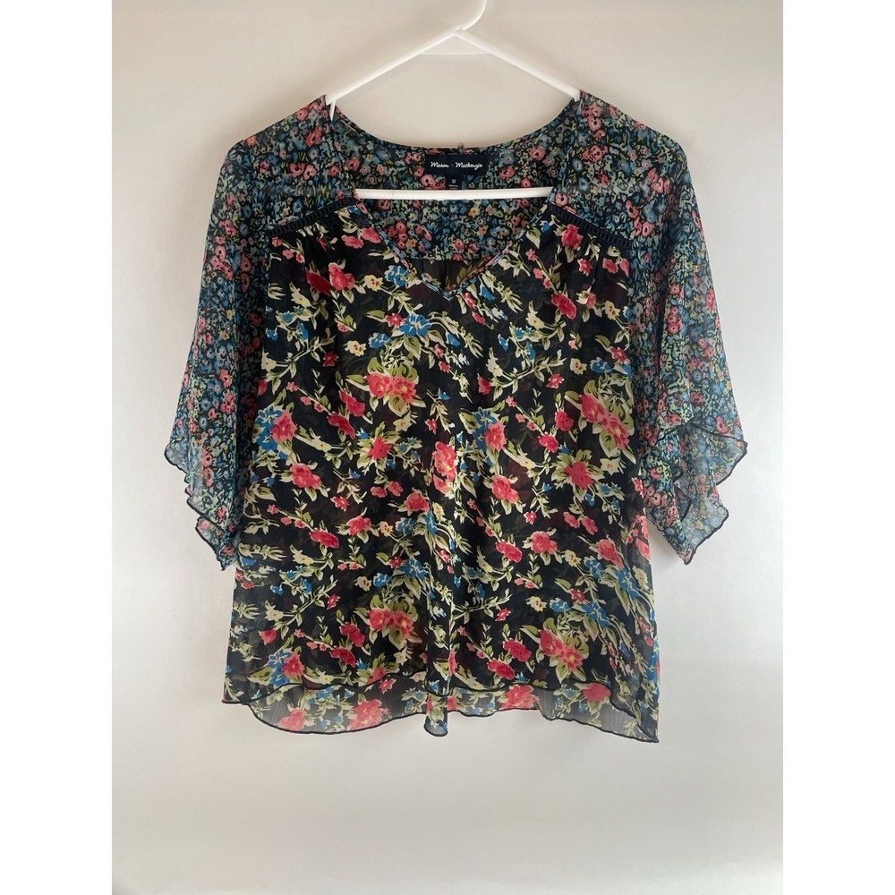 Mason & Mackenzie Shirt Women's Size Small Black Floral Semi-Sheer Bell Sleeve